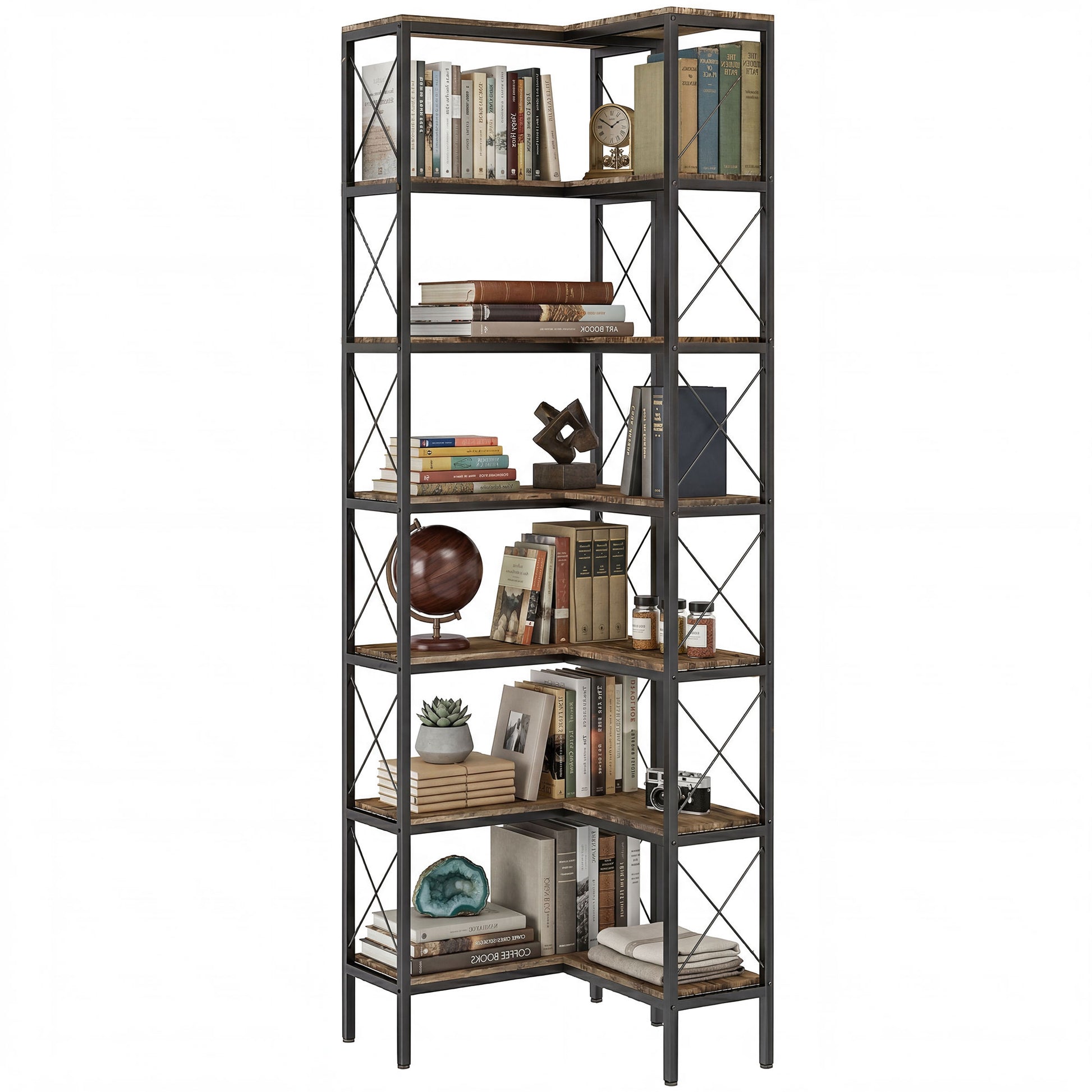 6-Tier L-Shaped Bookshelf, Freestanding Corner Bookcase with Metal Frame, Rustic Brown-Home Furnishings > Storage & Organization > Bookshelves & Bookcases > Display Bookshelves-DECOROLALA
