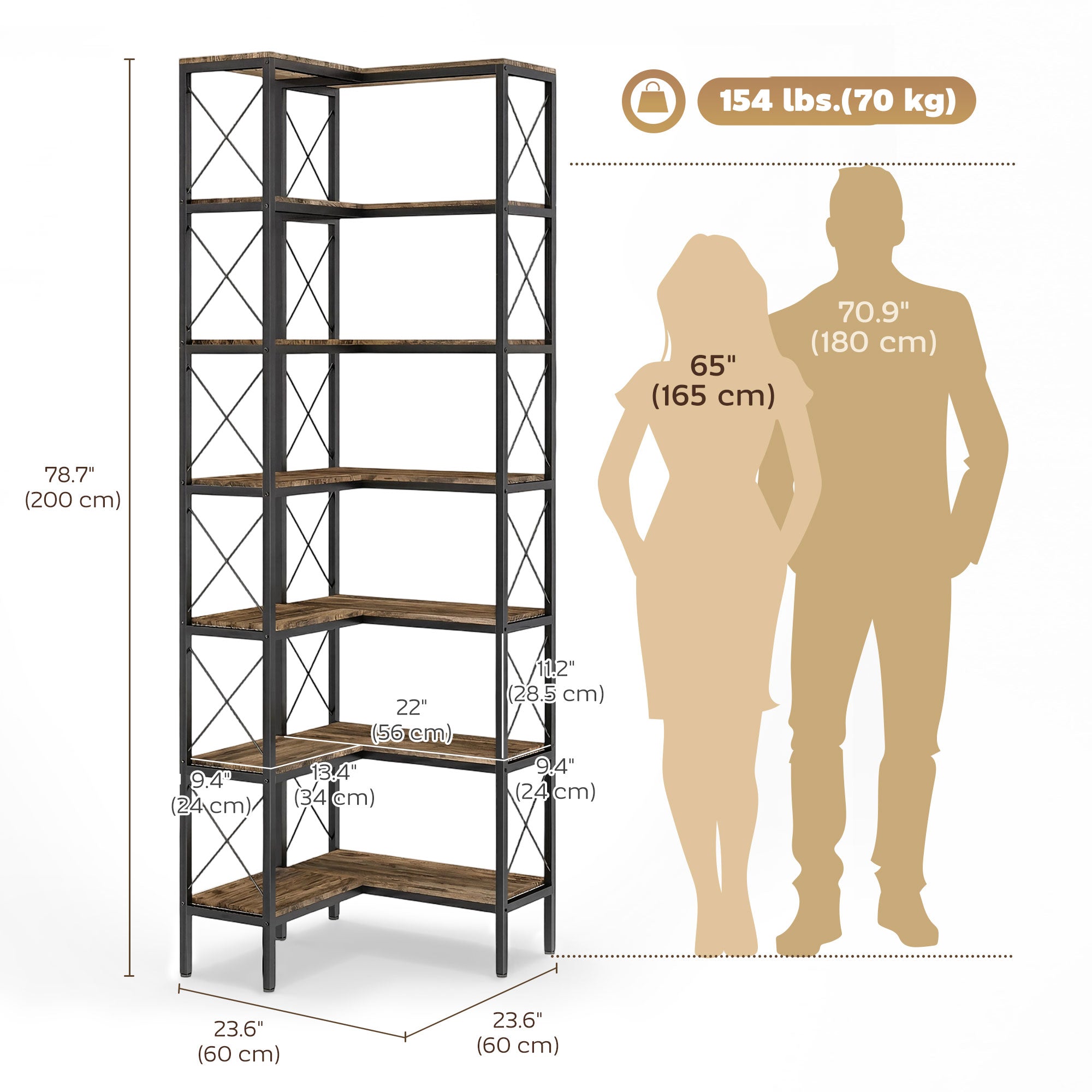 6-Tier L-Shaped Corner Bookshelf - 79" Rustic Brown-Home Furnishings > Storage & Organization > Bookshelves & Bookcases > Display Bookshelves-DECOROLALA
