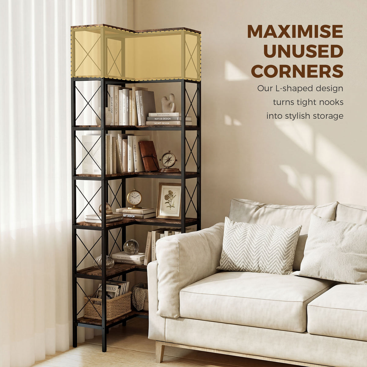 6-Tier L-Shaped Corner Bookshelf - 79" Rustic Brown-Home Furnishings > Storage & Organization > Bookshelves & Bookcases > Display Bookshelves-DECOROLALA
