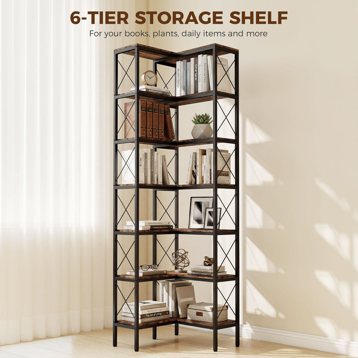 6-Tier L-Shaped Corner Bookshelf - 79" Rustic Brown-Home Furnishings > Storage & Organization > Bookshelves & Bookcases > Display Bookshelves-DECOROLALA