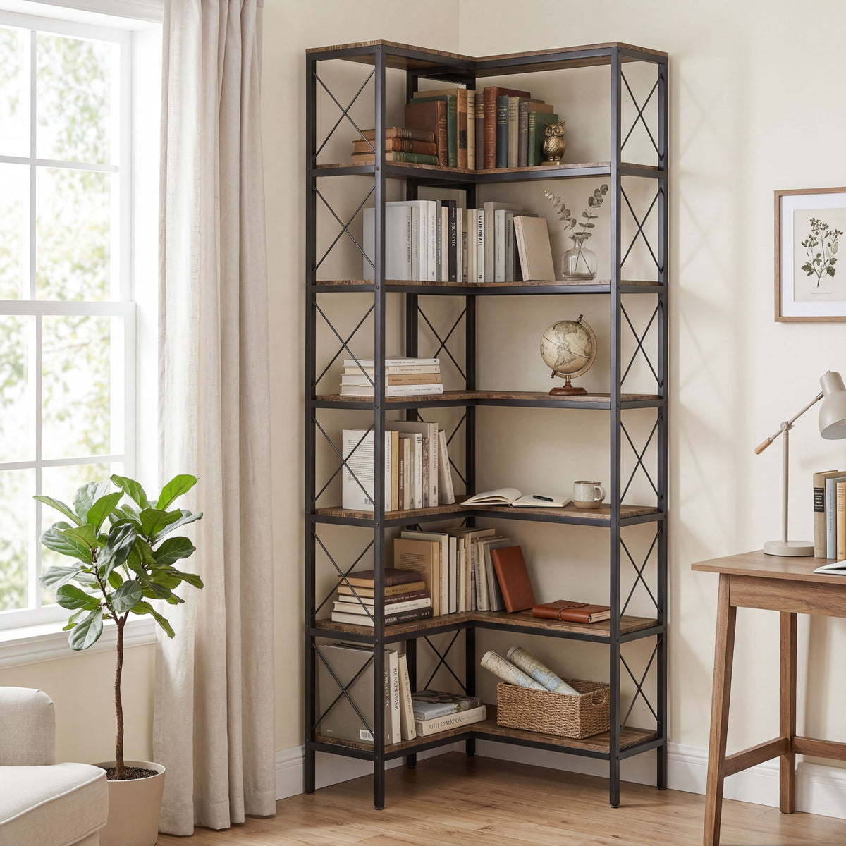 6-Tier L-Shaped Corner Bookshelf - 79" Rustic Brown-Home Furnishings > Storage & Organization > Bookshelves & Bookcases > Display Bookshelves-DECOROLALA