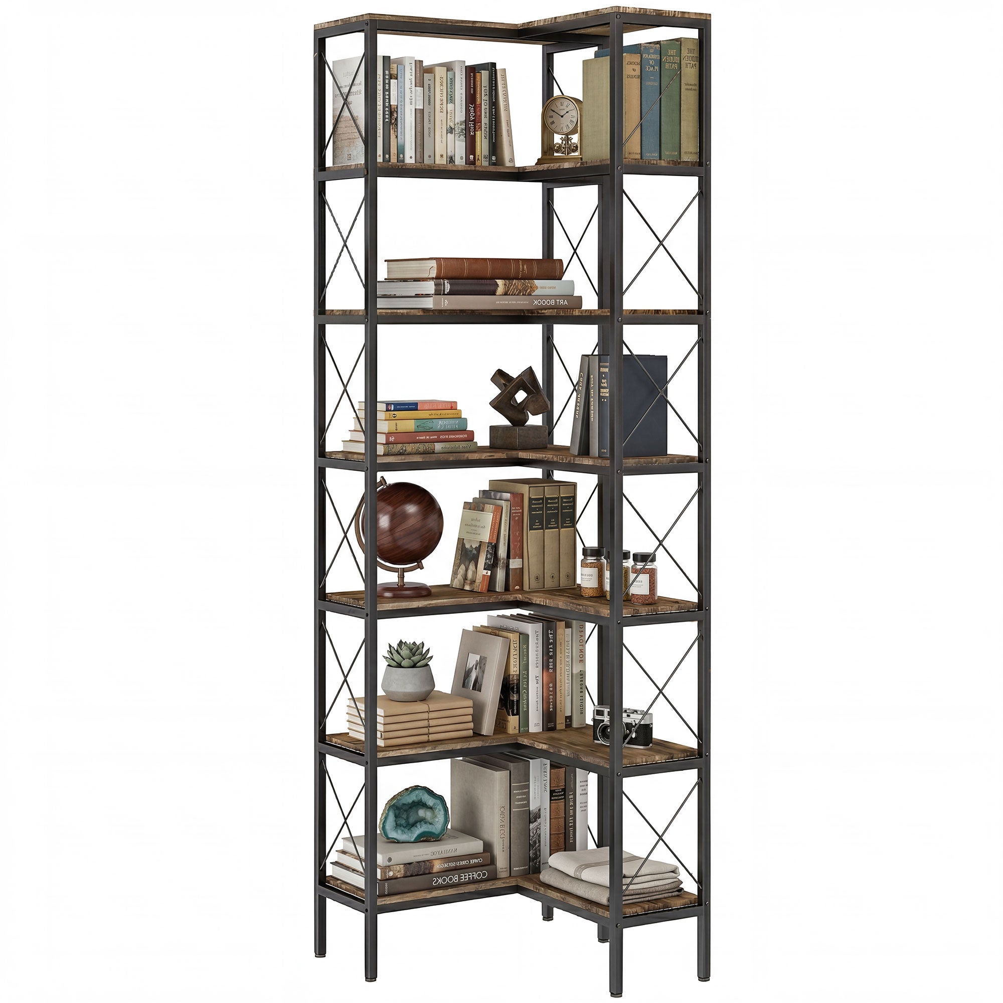 6-Tier L-Shaped Corner Bookshelf - 79" Rustic Brown-Home Furnishings > Storage & Organization > Bookshelves & Bookcases > Display Bookshelves-DECOROLALA