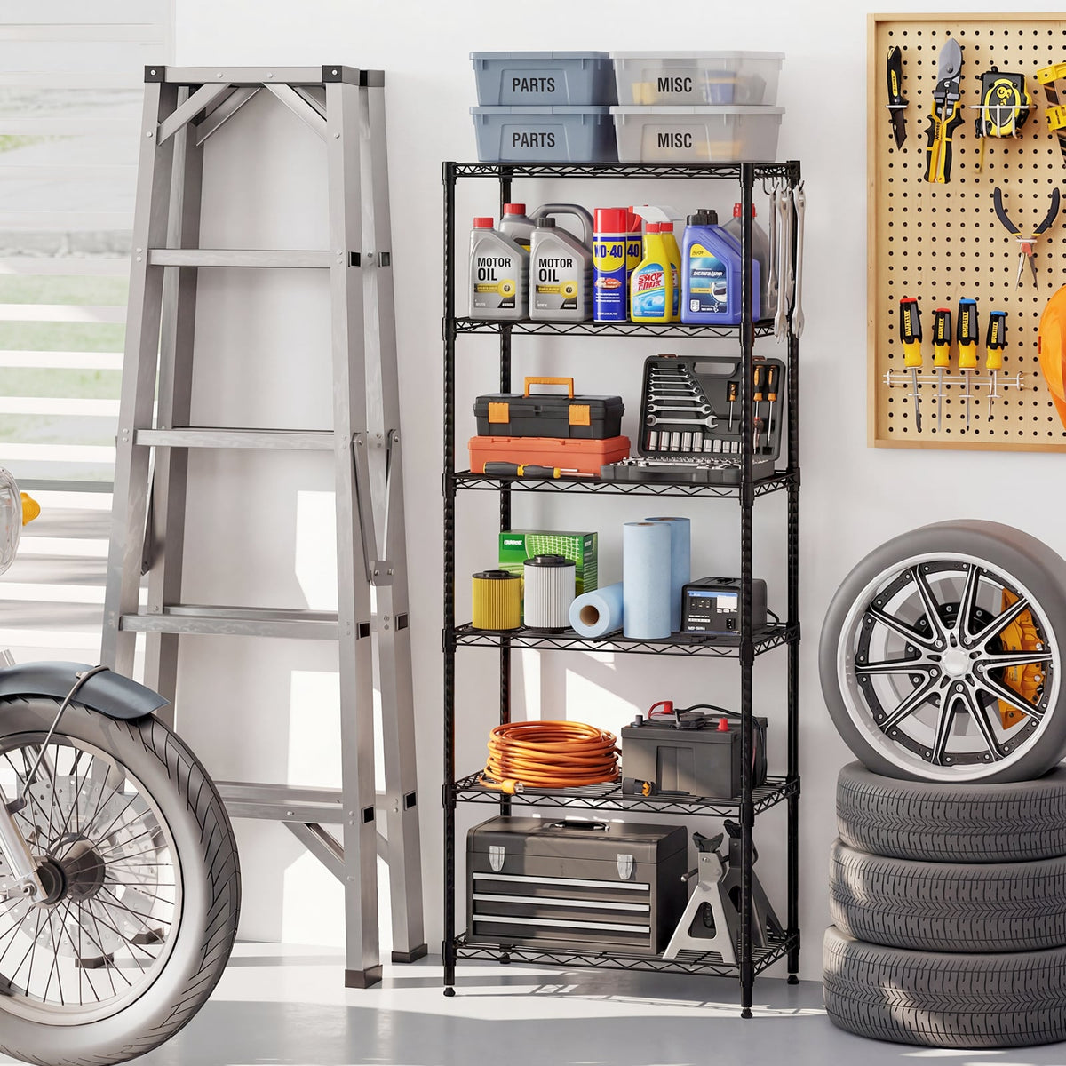 6-Tier Metal Storage Shelving Unit with V-Shaped Wire Rack and 900 LBS Capacity-Black-Garages-DECOROLALA