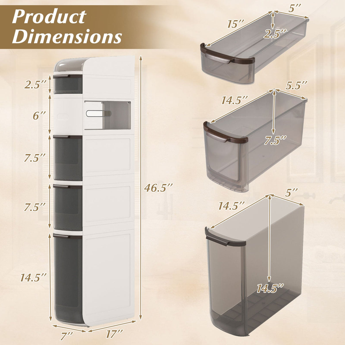 6-Tier Narrow Bathroom Storage Cabinet - 7" White Slim Cart-Floor Cabinets-DECOROLALA