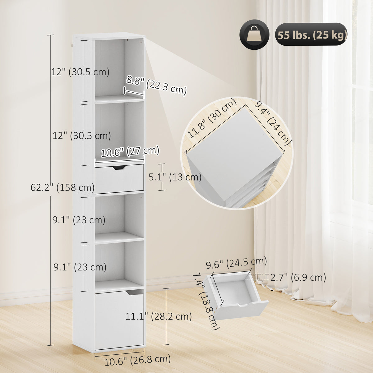 6-Tier Narrow Bookcase with Drawer and Cupboard - White-Home Furnishings > Storage & Organization > Bookshelves & Bookcases > Display Bookshelves-DECOROLALA