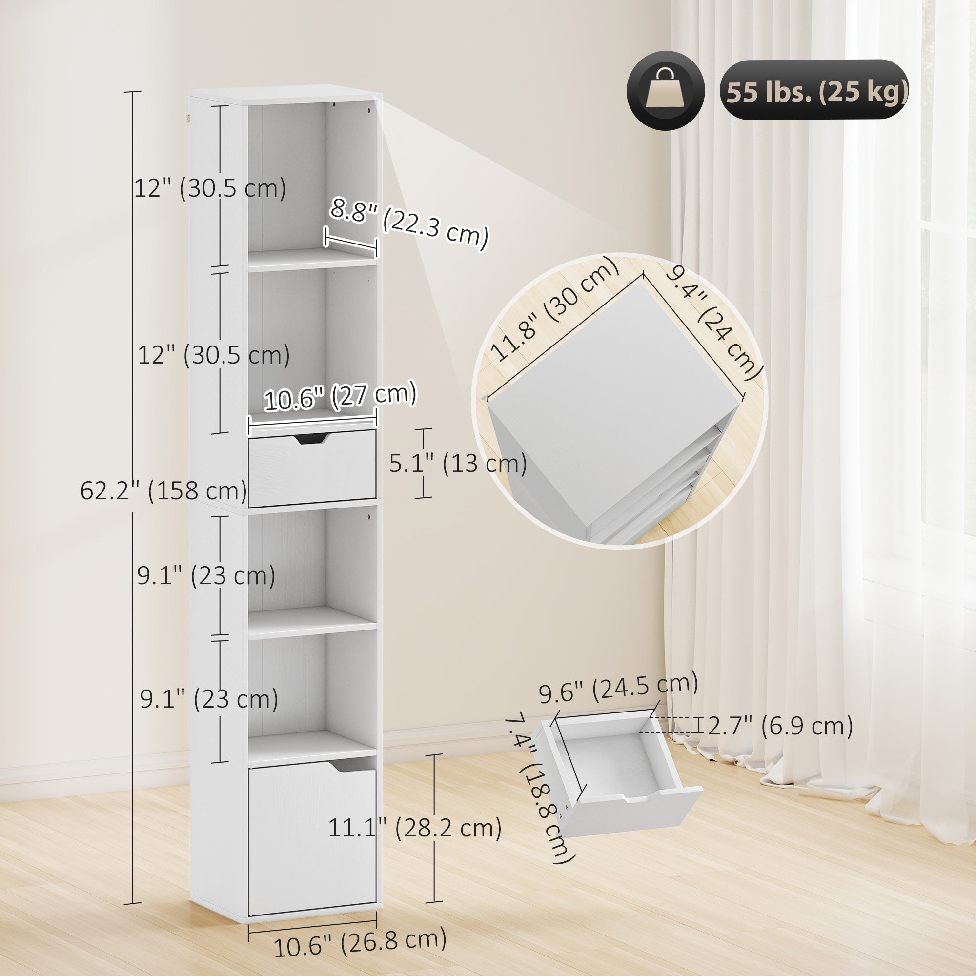 6-Tier Narrow Bookcase with Drawer and Cupboard - White-Home Furnishings > Storage & Organization > Bookshelves & Bookcases > Display Bookshelves-DECOROLALA