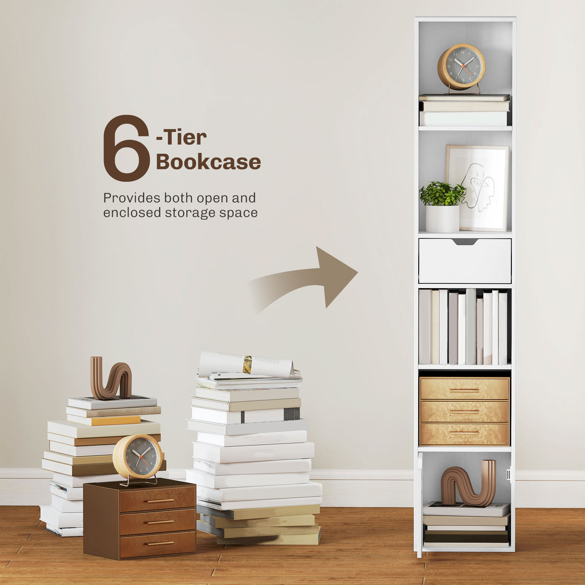 6-Tier Narrow Bookcase with Drawer and Cupboard - White-Home Furnishings > Storage & Organization > Bookshelves & Bookcases > Display Bookshelves-DECOROLALA
