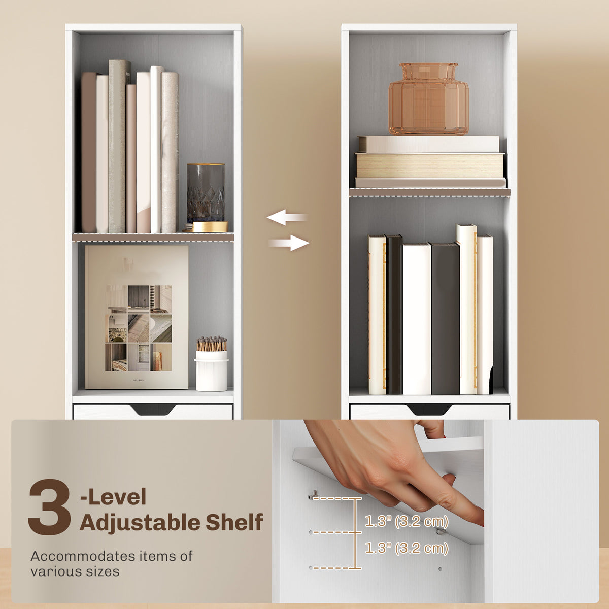 6-Tier Narrow Bookcase with Drawer and Cupboard - White-Home Furnishings > Storage & Organization > Bookshelves & Bookcases > Display Bookshelves-DECOROLALA