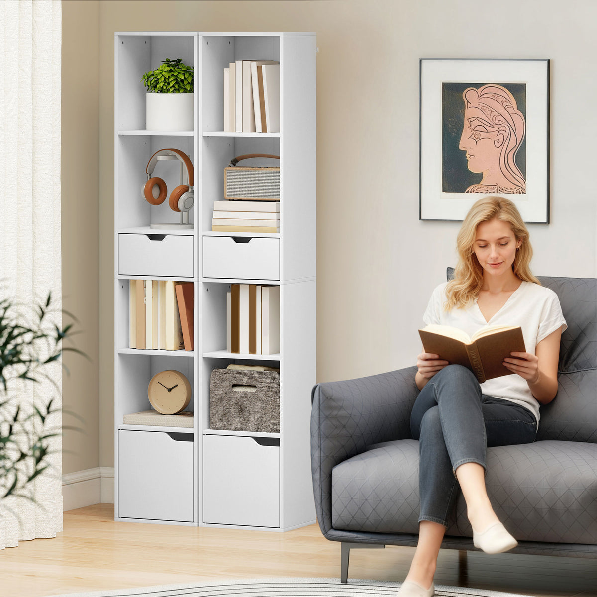 6-Tier Narrow Bookcase with Drawer and Cupboard - White-Home Furnishings > Storage & Organization > Bookshelves & Bookcases > Display Bookshelves-DECOROLALA