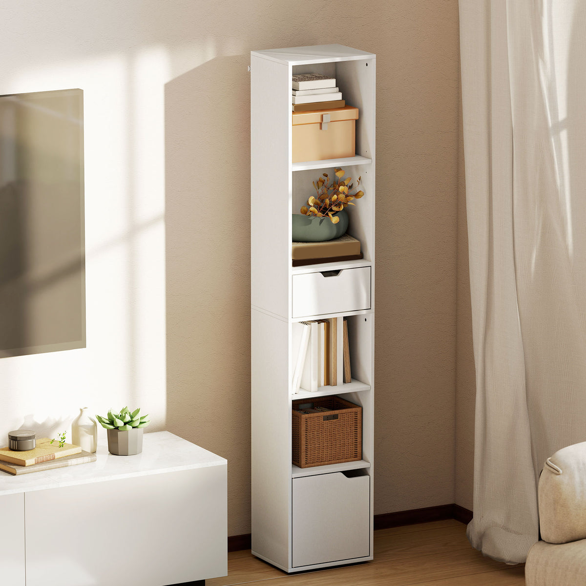 6-Tier Narrow Bookcase with Drawer and Cupboard - White-Home Furnishings > Storage & Organization > Bookshelves & Bookcases > Display Bookshelves-DECOROLALA