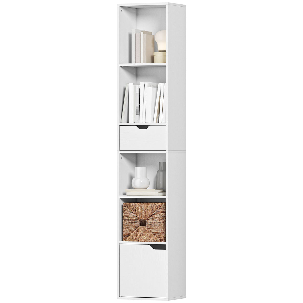 6-Tier Narrow Bookcase with Drawer and Cupboard - White-Home Furnishings > Storage & Organization > Bookshelves & Bookcases > Display Bookshelves-DECOROLALA