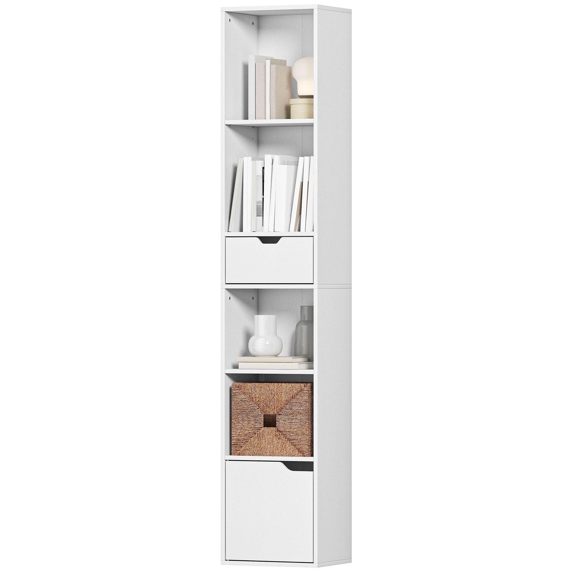 6-Tier Narrow Bookcase with Drawer and Cupboard - White-Home Furnishings > Storage & Organization > Bookshelves & Bookcases > Display Bookshelves-DECOROLALA