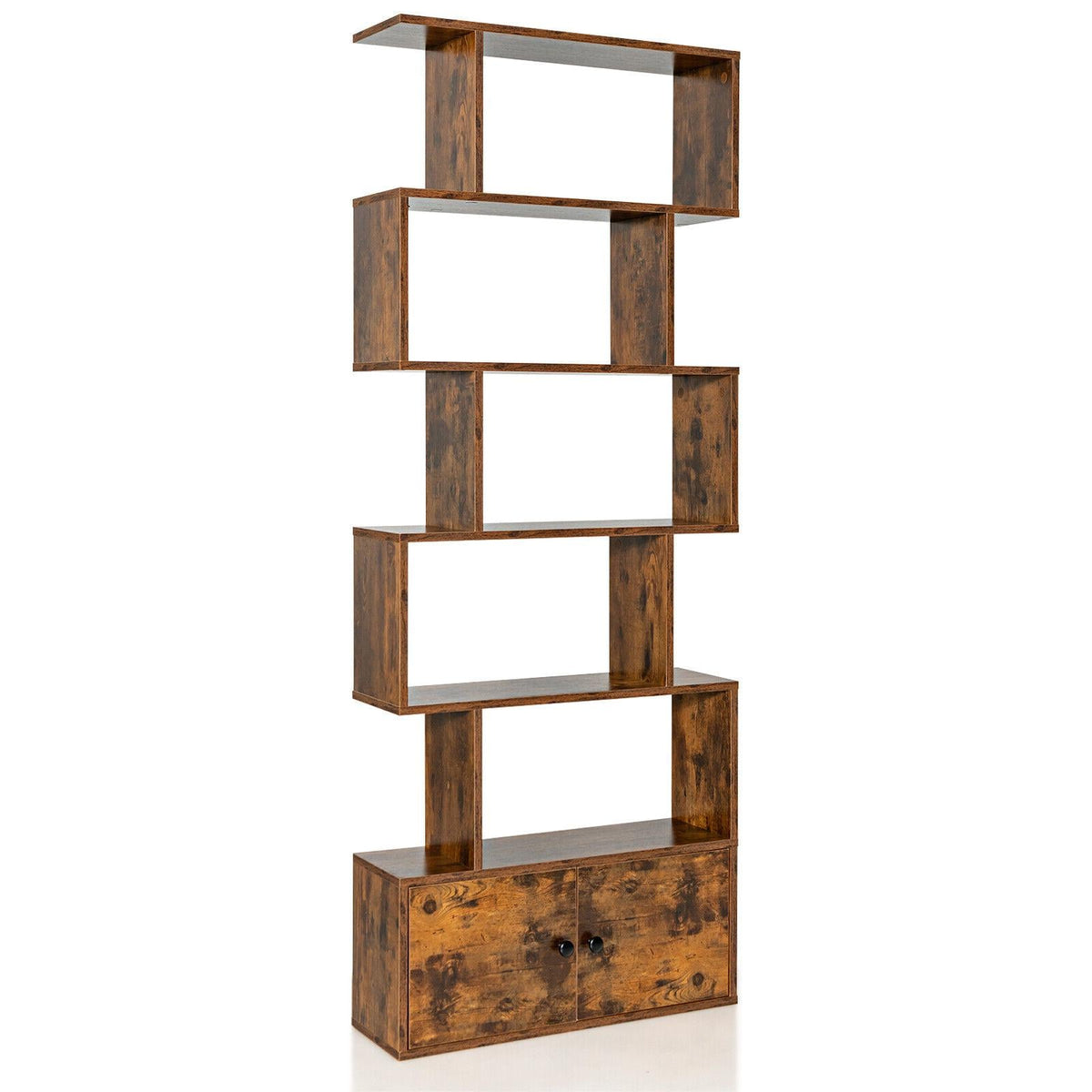 6-Tier S-Shaped Freestanding Bookshelf with Cabinet and Doors-Coffee-Bookcases-DECOROLALA
