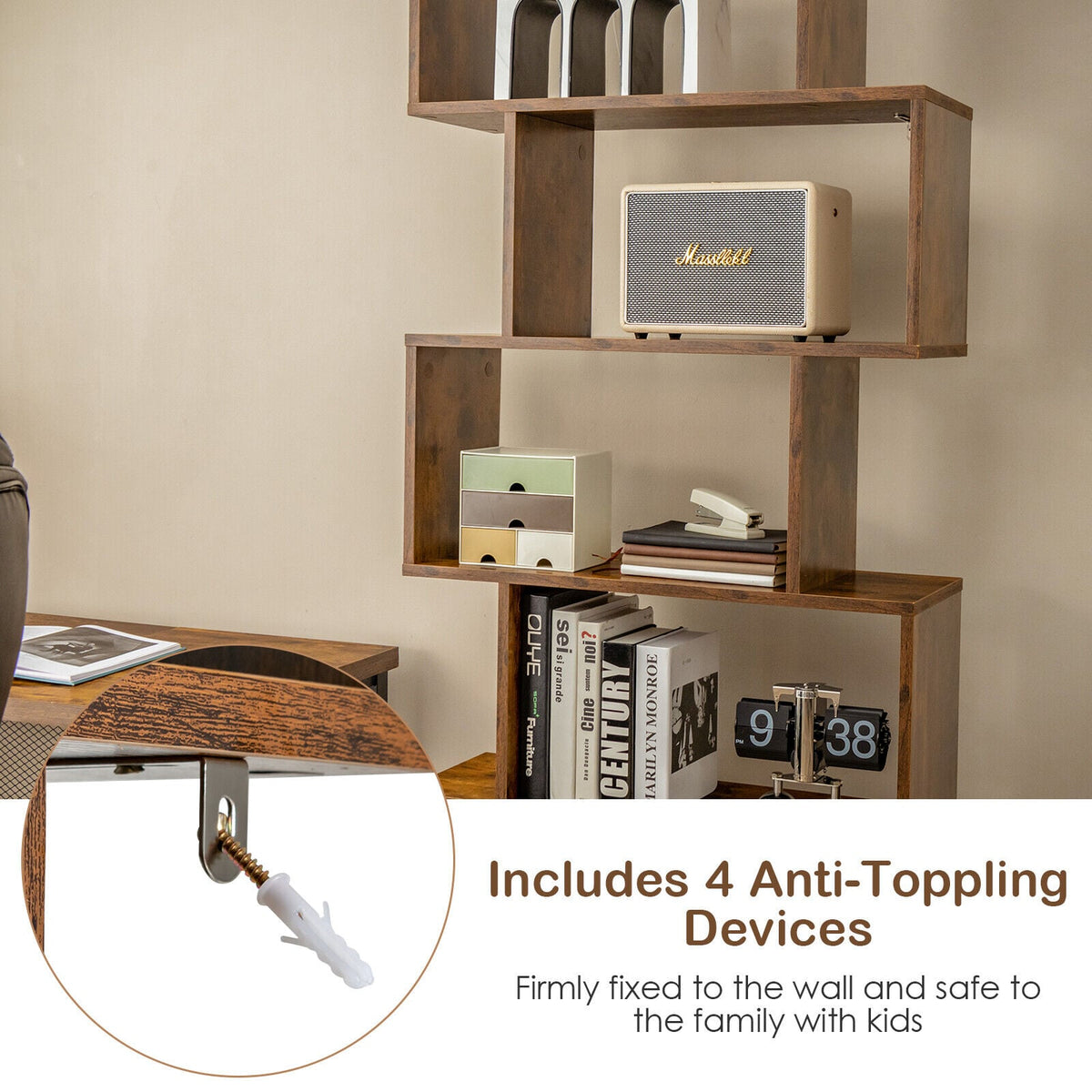 6-Tier S-Shaped Freestanding Bookshelf with Cabinet and Doors-Coffee-Bookcases-DECOROLALA