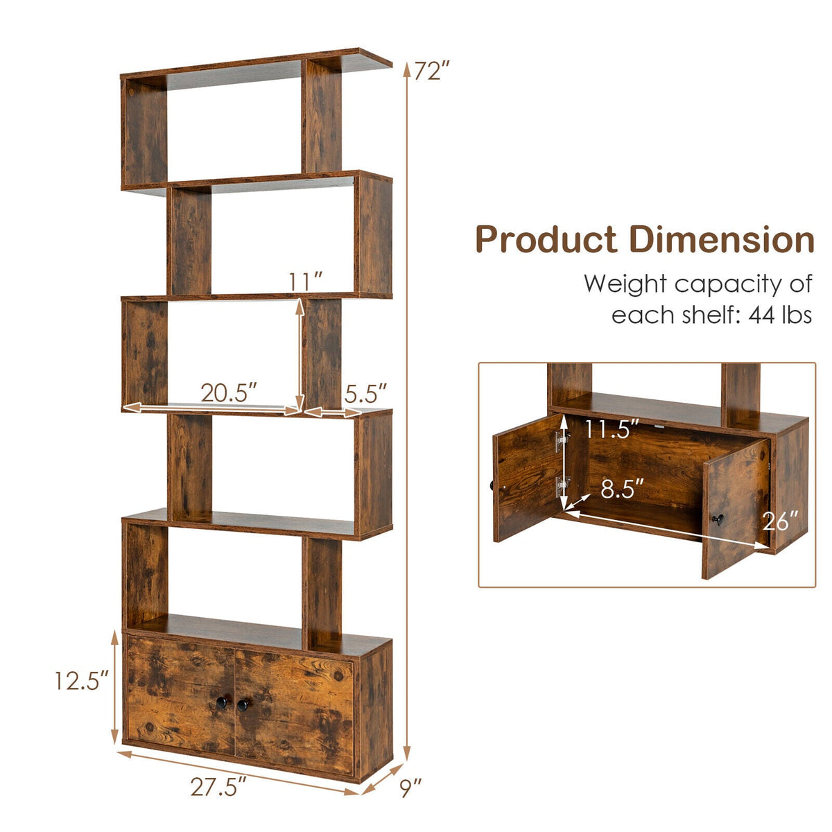 6-Tier S-Shaped Freestanding Bookshelf with Cabinet and Doors-Coffee-Bookcases-DECOROLALA