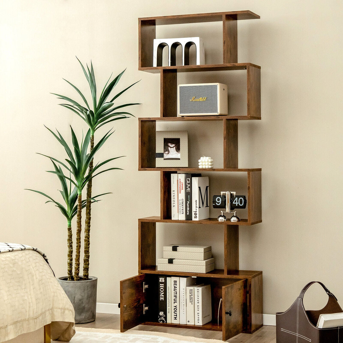6-Tier S-Shaped Freestanding Bookshelf with Cabinet and Doors-Coffee-Bookcases-DECOROLALA