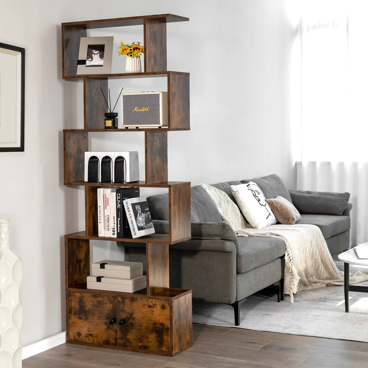 6-Tier S-Shaped Freestanding Bookshelf with Cabinet and Doors-Coffee-Bookcases-DECOROLALA
