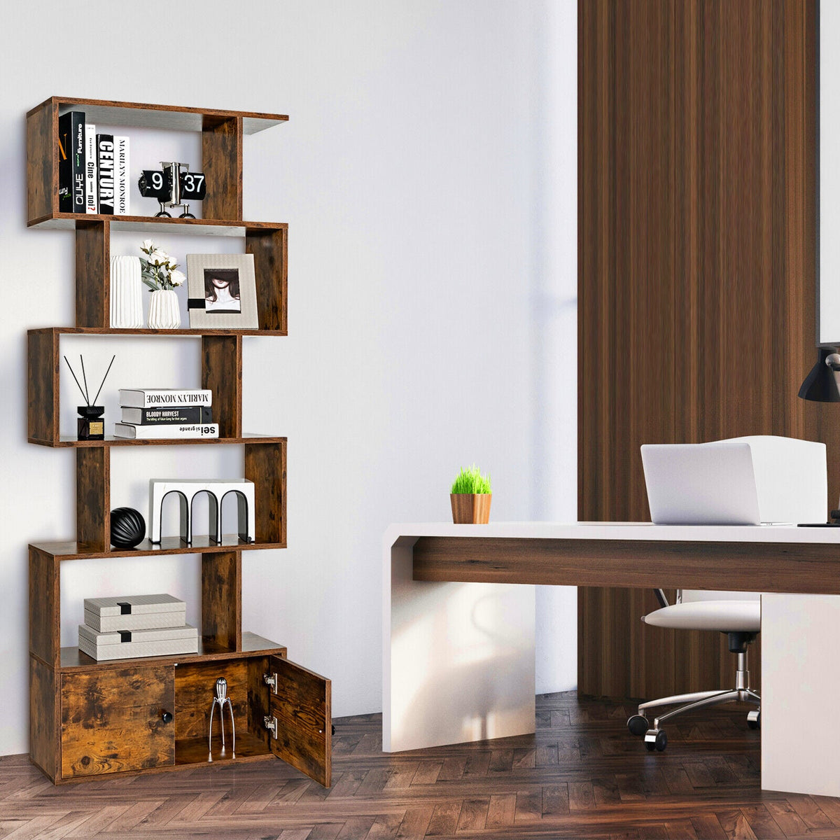 6-Tier S-Shaped Freestanding Bookshelf with Cabinet and Doors-Coffee-Bookcases-DECOROLALA
