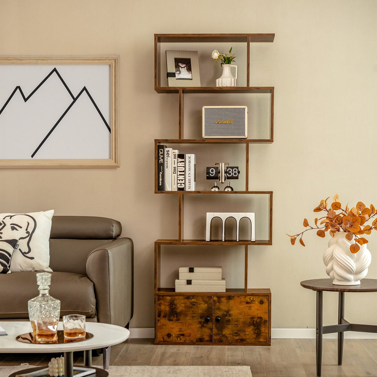 6-Tier S-Shaped Freestanding Bookshelf with Cabinet and Doors-Coffee-Bookcases-DECOROLALA