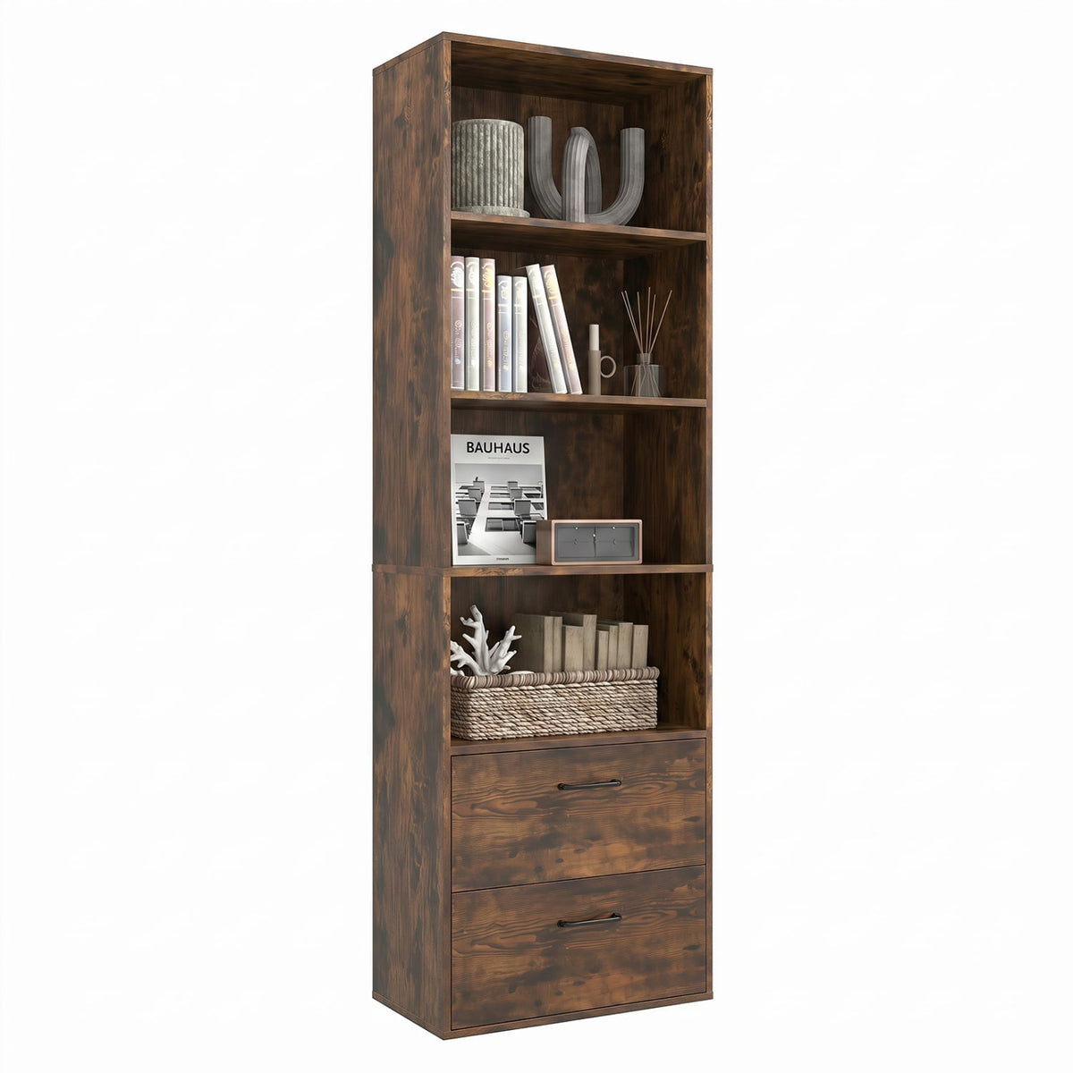 6-Tier Tall Freestanding Bookshelf with 4 Open Shelves and 2 Drawers-Rustic Brown-Bookcases-DECOROLALA