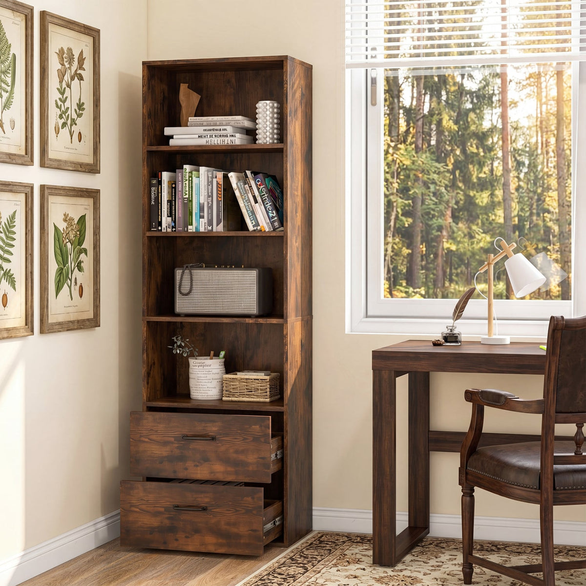 6-Tier Tall Freestanding Bookshelf with 4 Open Shelves and 2 Drawers-Rustic Brown-Bookcases-DECOROLALA