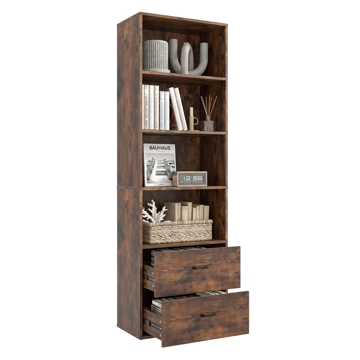 6-Tier Tall Freestanding Bookshelf with 4 Open Shelves and 2 Drawers-Rustic Brown-Bookcases-DECOROLALA