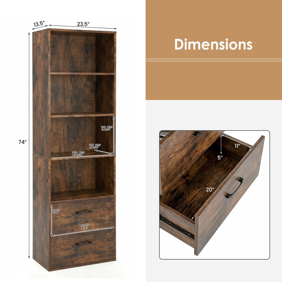 6-Tier Tall Freestanding Bookshelf with 4 Open Shelves and 2 Drawers-Rustic Brown-Bookcases-DECOROLALA