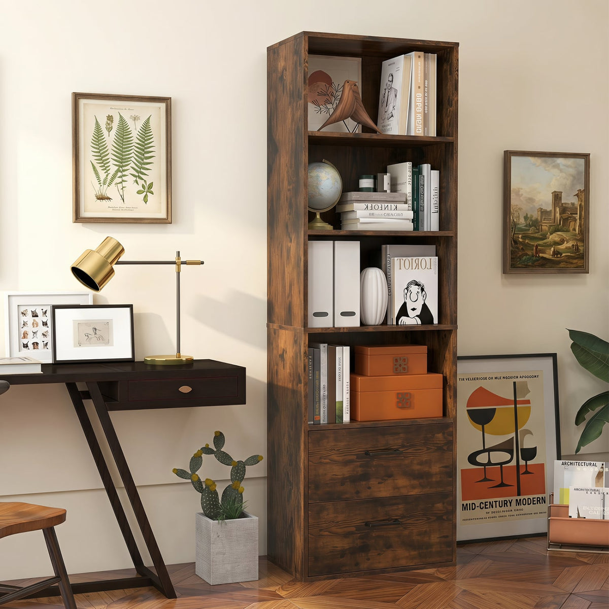 6-Tier Tall Freestanding Bookshelf with 4 Open Shelves and 2 Drawers-Rustic Brown-Bookcases-DECOROLALA