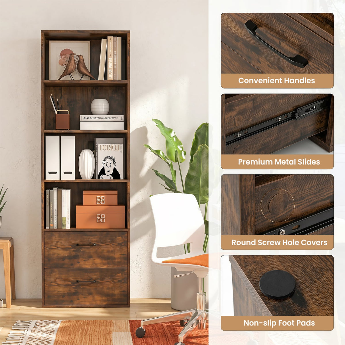 6-Tier Tall Freestanding Bookshelf with 4 Open Shelves and 2 Drawers-Rustic Brown-Bookcases-DECOROLALA