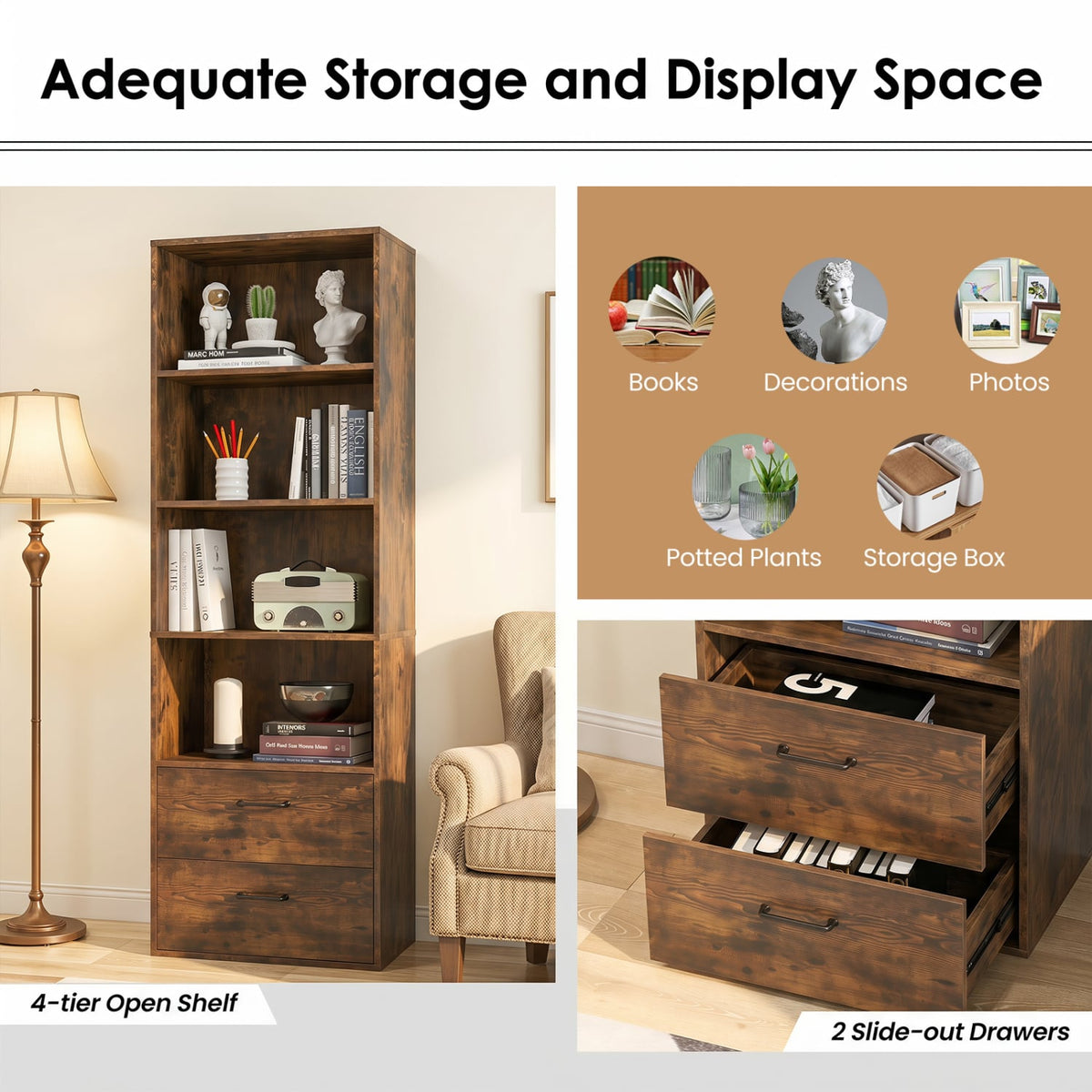 6-Tier Tall Freestanding Bookshelf with 4 Open Shelves and 2 Drawers-Rustic Brown-Bookcases-DECOROLALA