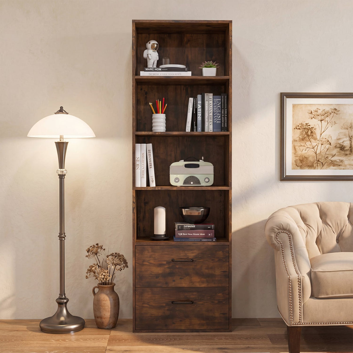 6-Tier Tall Freestanding Bookshelf with 4 Open Shelves and 2 Drawers-Rustic Brown-Bookcases-DECOROLALA