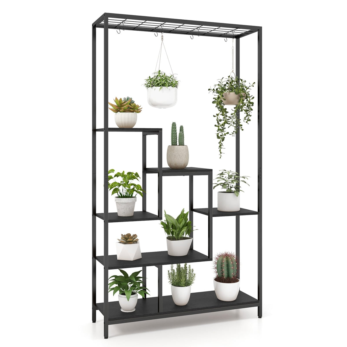 6-Tier Tall Plant Stand 71 Inch Metal Indoor Plant Shelf with 10 Hanging Hooks-Black-Plant Stands-DECOROLALA