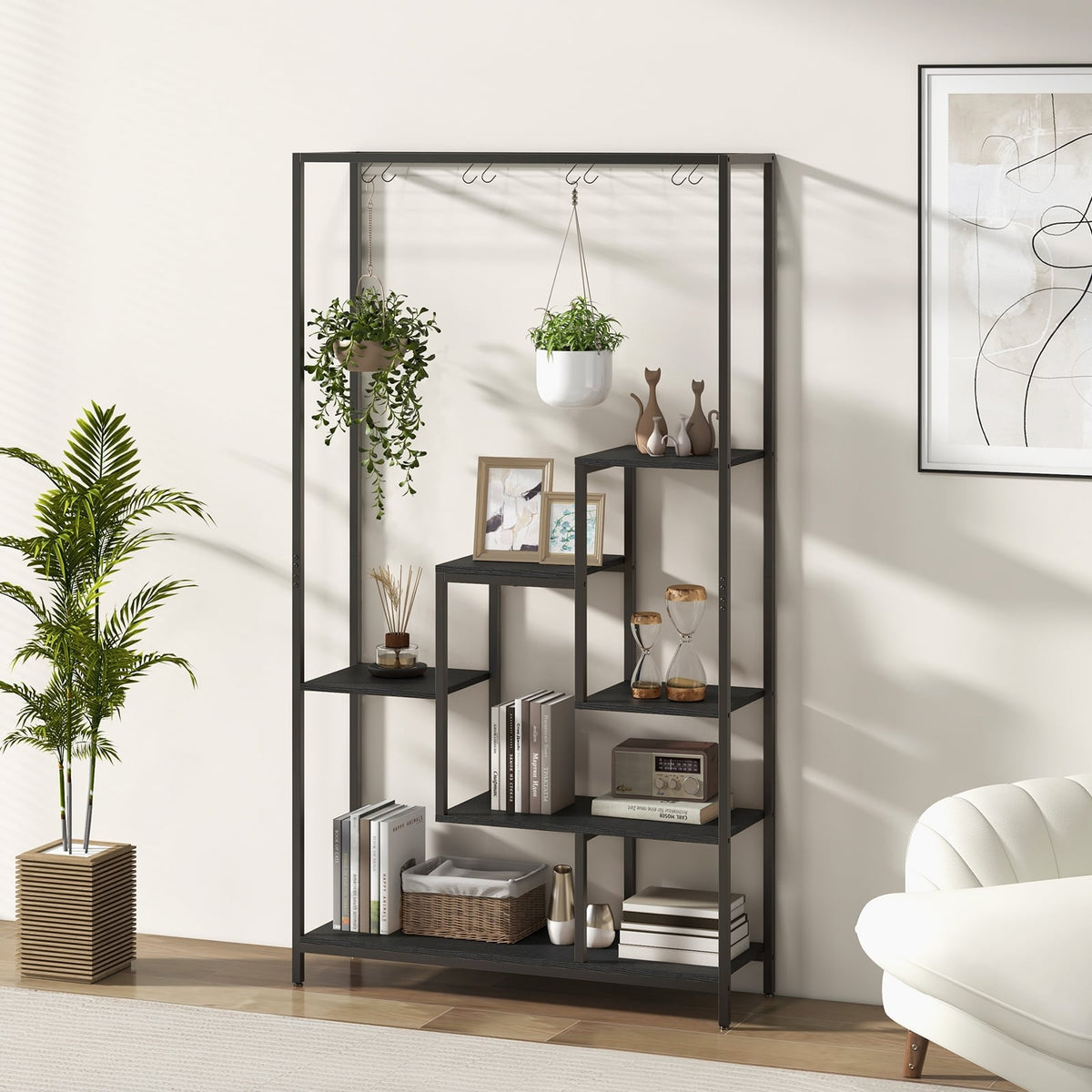 6-Tier Tall Plant Stand 71 Inch Metal Indoor Plant Shelf with 10 Hanging Hooks-Black-Plant Stands-DECOROLALA