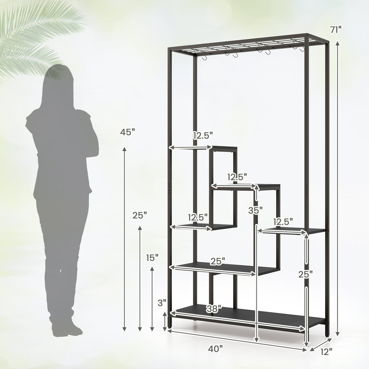 6-Tier Tall Plant Stand 71 Inch Metal Indoor Plant Shelf with 10 Hanging Hooks-Black-Plant Stands-DECOROLALA