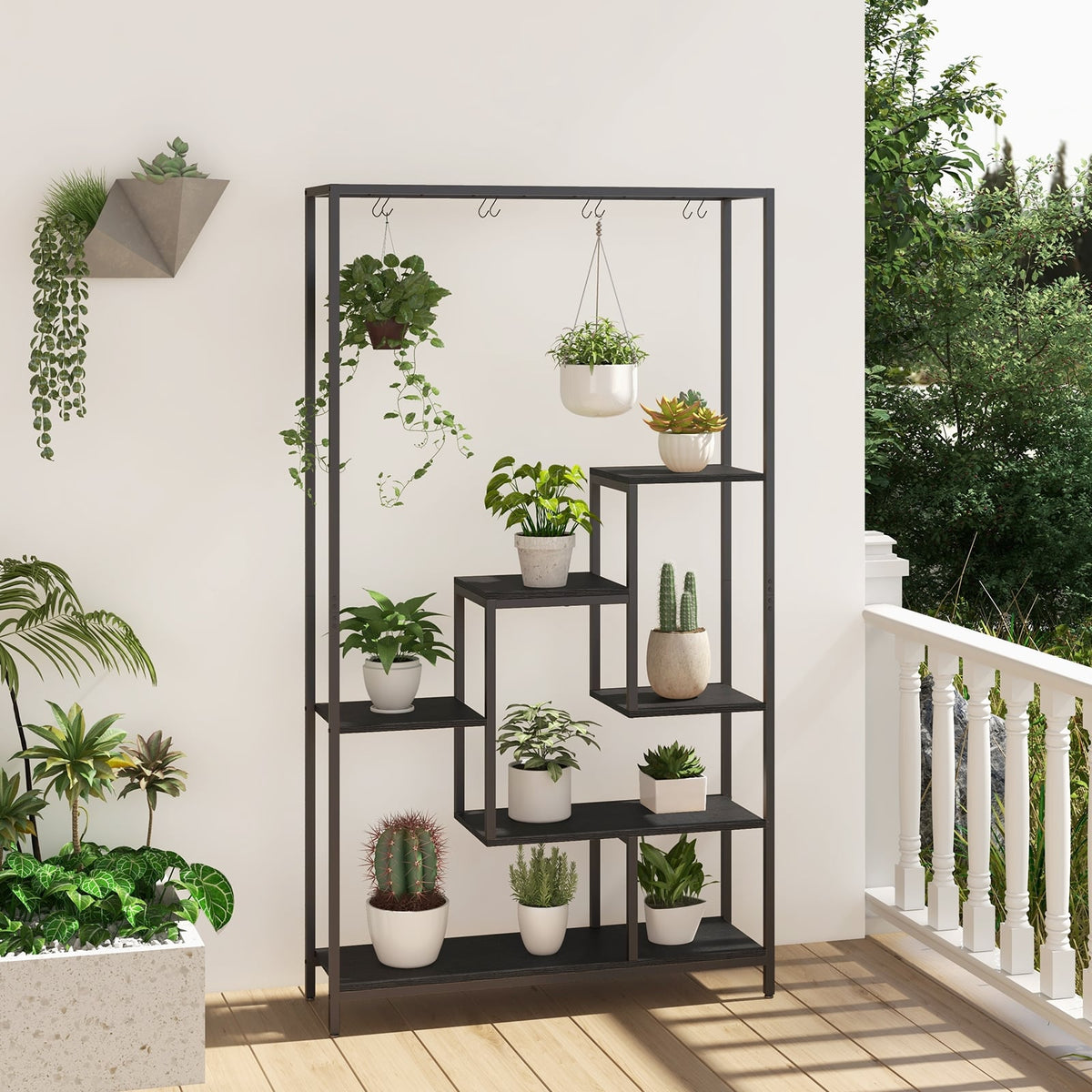 6-Tier Tall Plant Stand 71 Inch Metal Indoor Plant Shelf with 10 Hanging Hooks-Black-Plant Stands-DECOROLALA