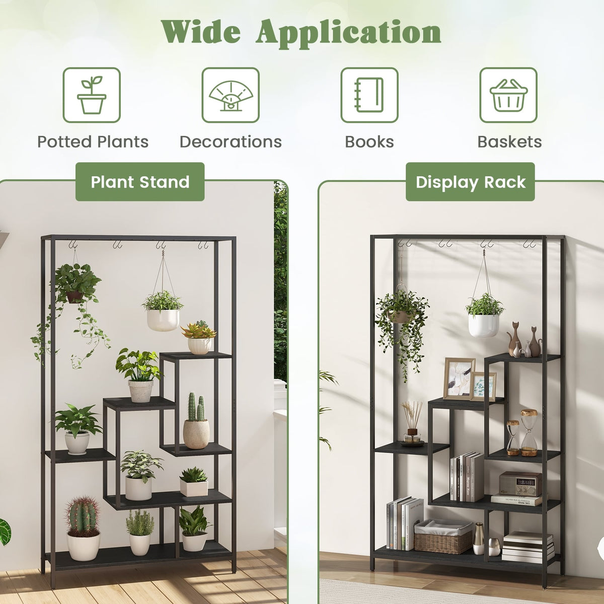6-Tier Tall Plant Stand 71 Inch Metal Indoor Plant Shelf with 10 Hanging Hooks-Black-Plant Stands-DECOROLALA