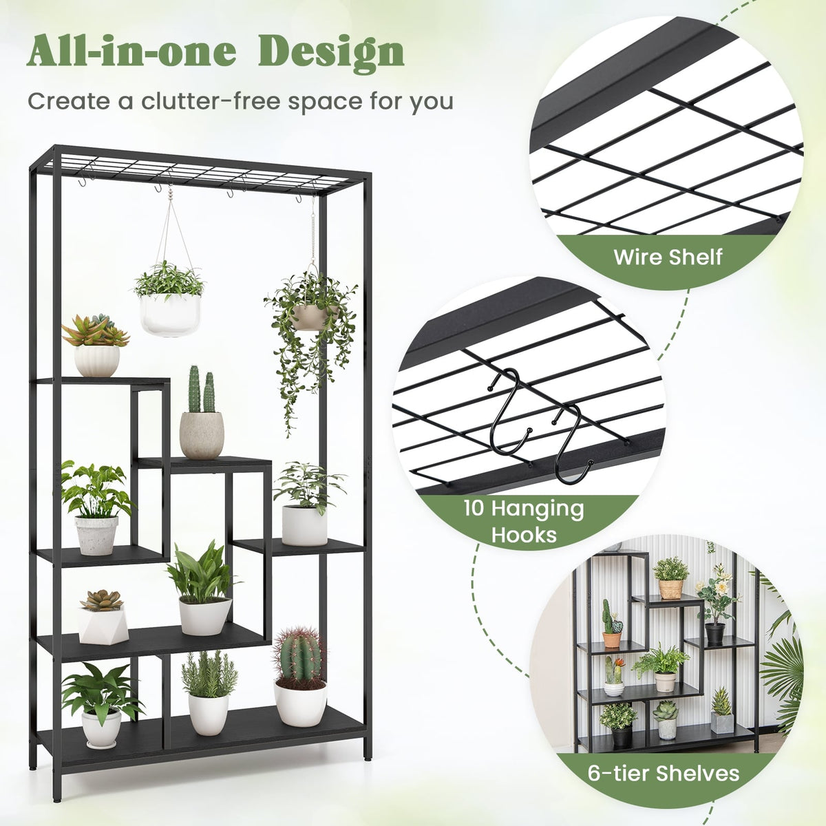 6-Tier Tall Plant Stand 71 Inch Metal Indoor Plant Shelf with 10 Hanging Hooks-Black-Plant Stands-DECOROLALA