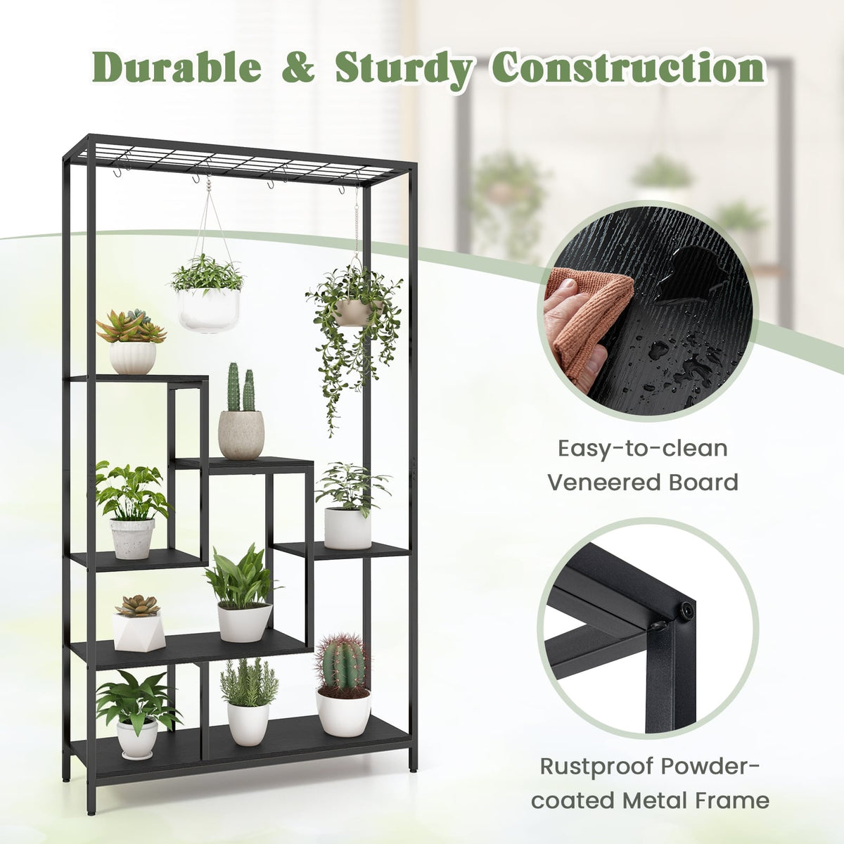 6-Tier Tall Plant Stand 71 Inch Metal Indoor Plant Shelf with 10 Hanging Hooks-Black-Plant Stands-DECOROLALA