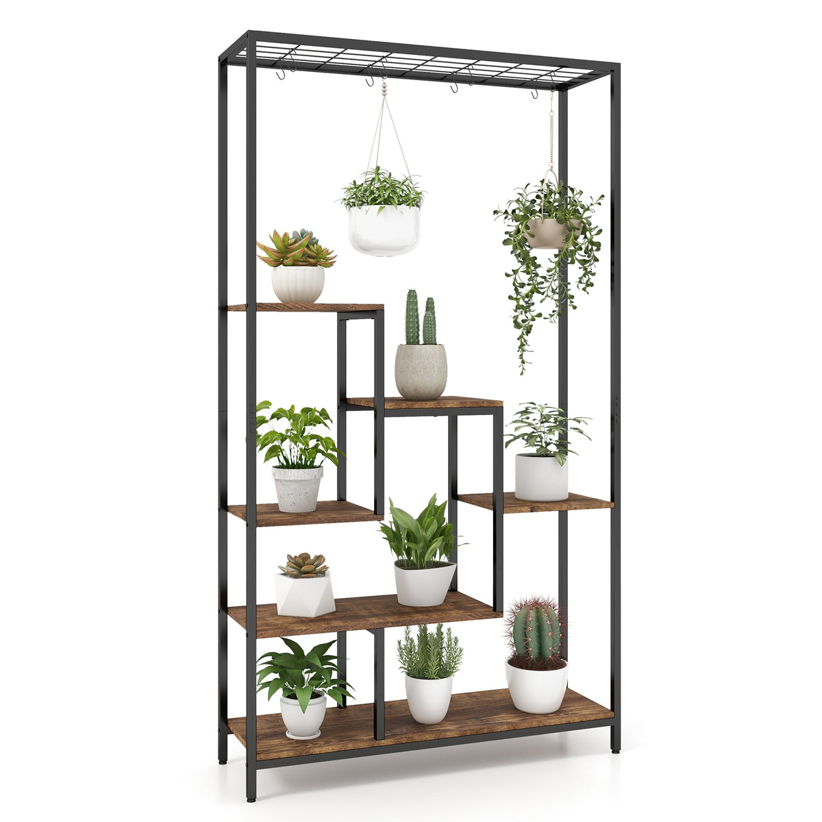 6-Tier Tall Plant Stand 71 Inch Metal Indoor Plant Shelf with 10 Hanging Hooks-Rustic Brown-Plant Stands-DECOROLALA