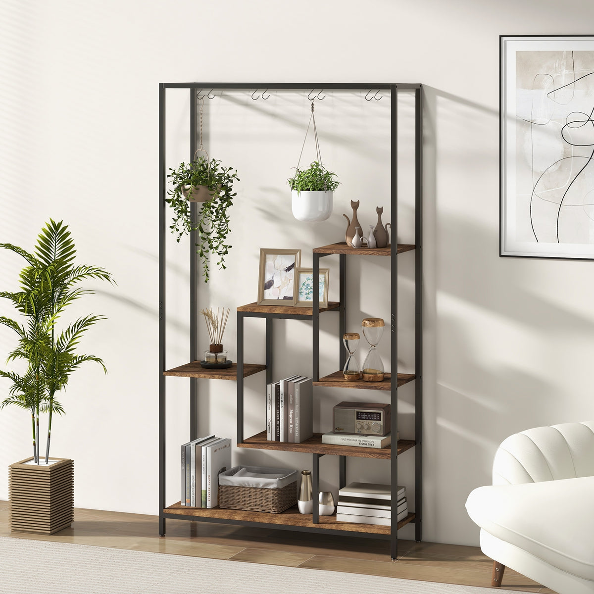 6-Tier Tall Plant Stand 71 Inch Metal Indoor Plant Shelf with 10 Hanging Hooks-Rustic Brown-Plant Stands-DECOROLALA