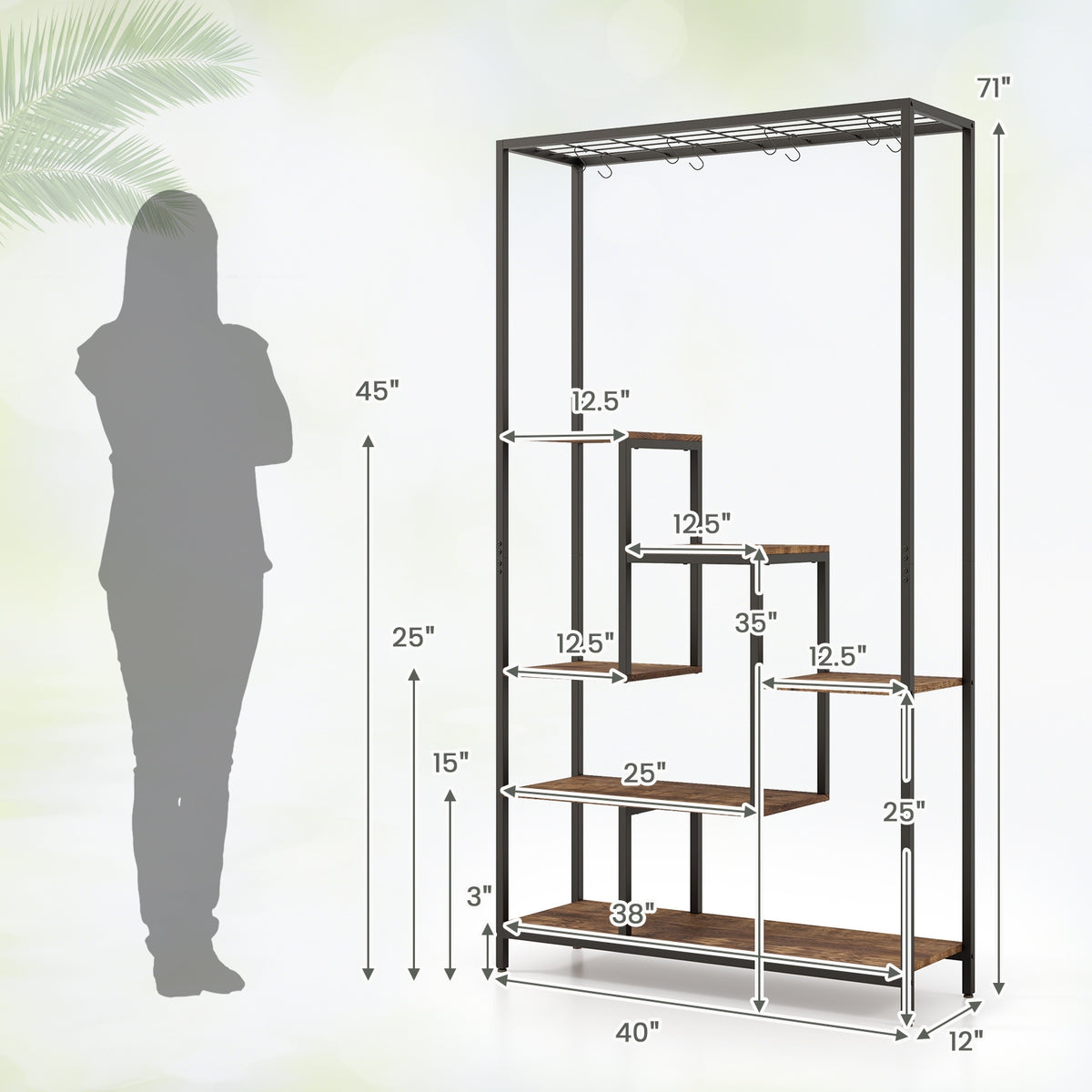 6-Tier Tall Plant Stand 71 Inch Metal Indoor Plant Shelf with 10 Hanging Hooks-Rustic Brown-Plant Stands-DECOROLALA