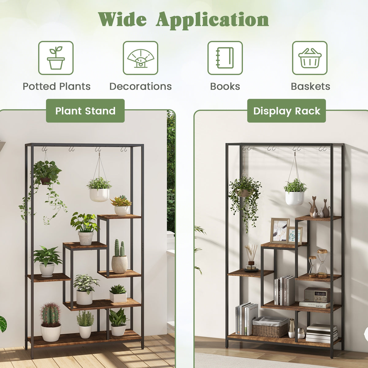 6-Tier Tall Plant Stand 71 Inch Metal Indoor Plant Shelf with 10 Hanging Hooks-Rustic Brown-Plant Stands-DECOROLALA