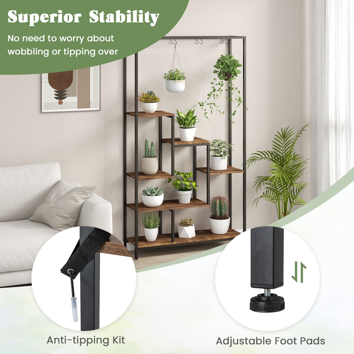 6-Tier Tall Plant Stand 71 Inch Metal Indoor Plant Shelf with 10 Hanging Hooks-Rustic Brown-Plant Stands-DECOROLALA