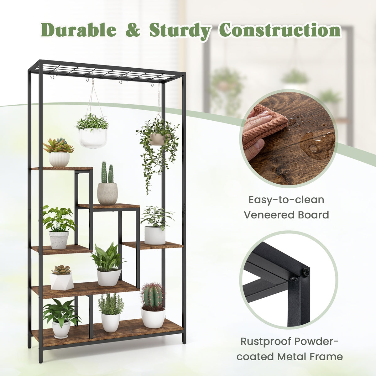 6-Tier Tall Plant Stand 71 Inch Metal Indoor Plant Shelf with 10 Hanging Hooks-Rustic Brown-Plant Stands-DECOROLALA