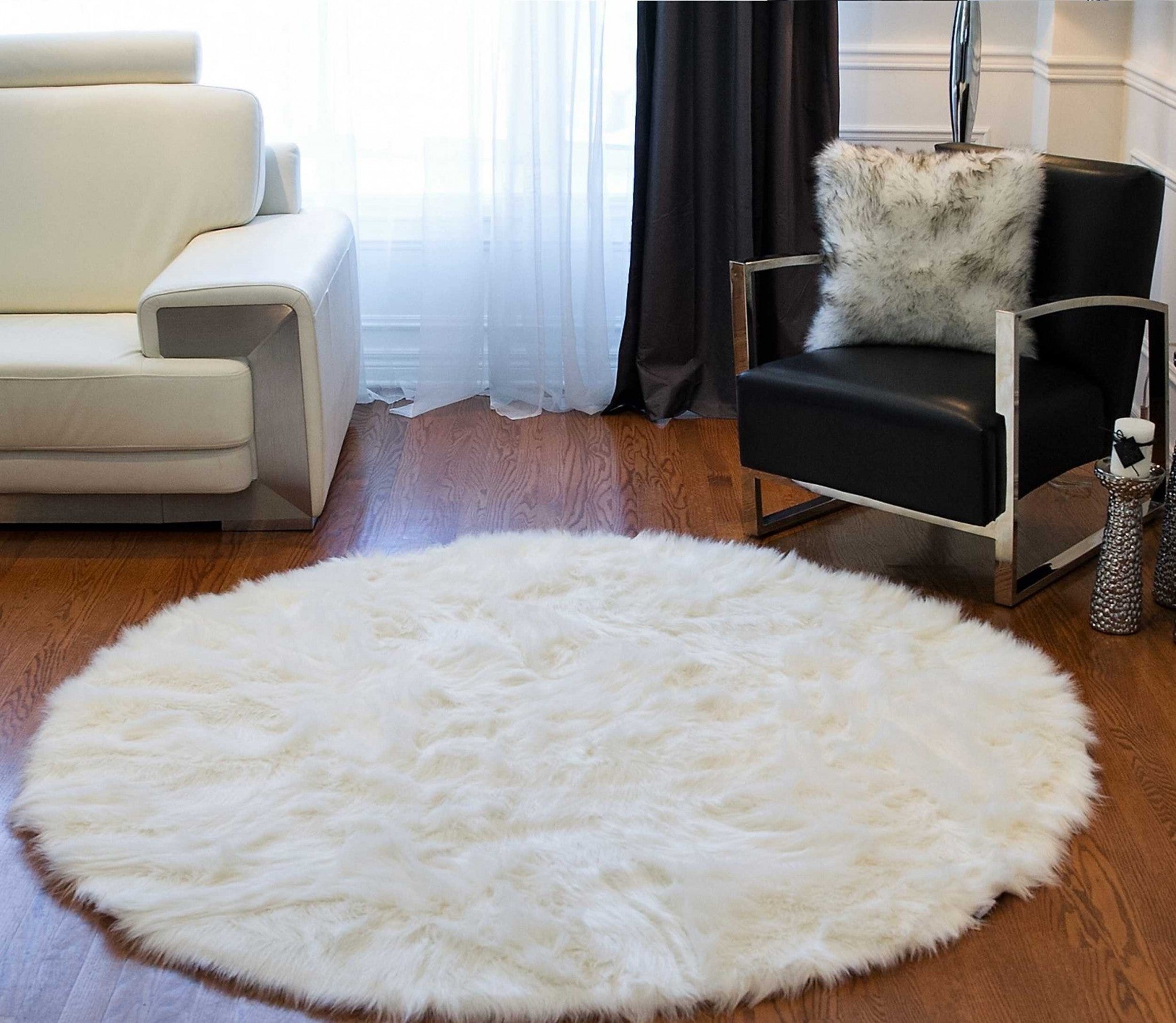 6' X 6' Off White Faux Fur Shag Washable Round Rug-Area Rugs-DECOROLALA