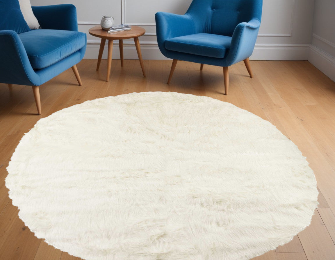 6' X 6' Off White Faux Fur Shag Washable Round Rug-Area Rugs-DECOROLALA