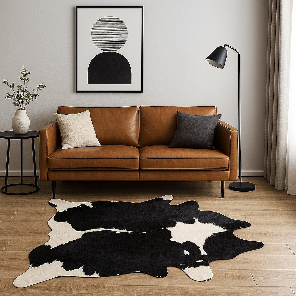6' X 7' Black And White Cowhide Animal Print Area Rug-Area Rugs-DECOROLALA