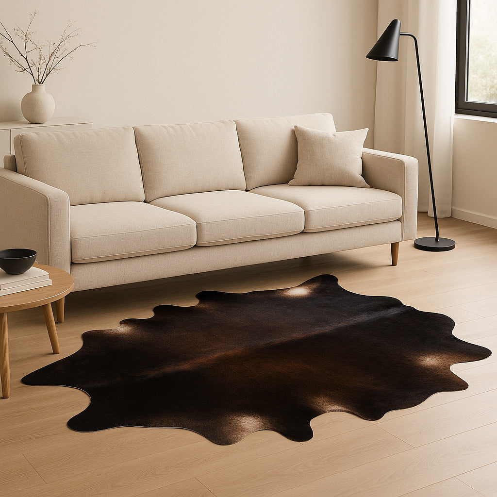 6' X 7' Brown And Black Cowhide Cowhide Print Area Rug-Area Rugs-DECOROLALA