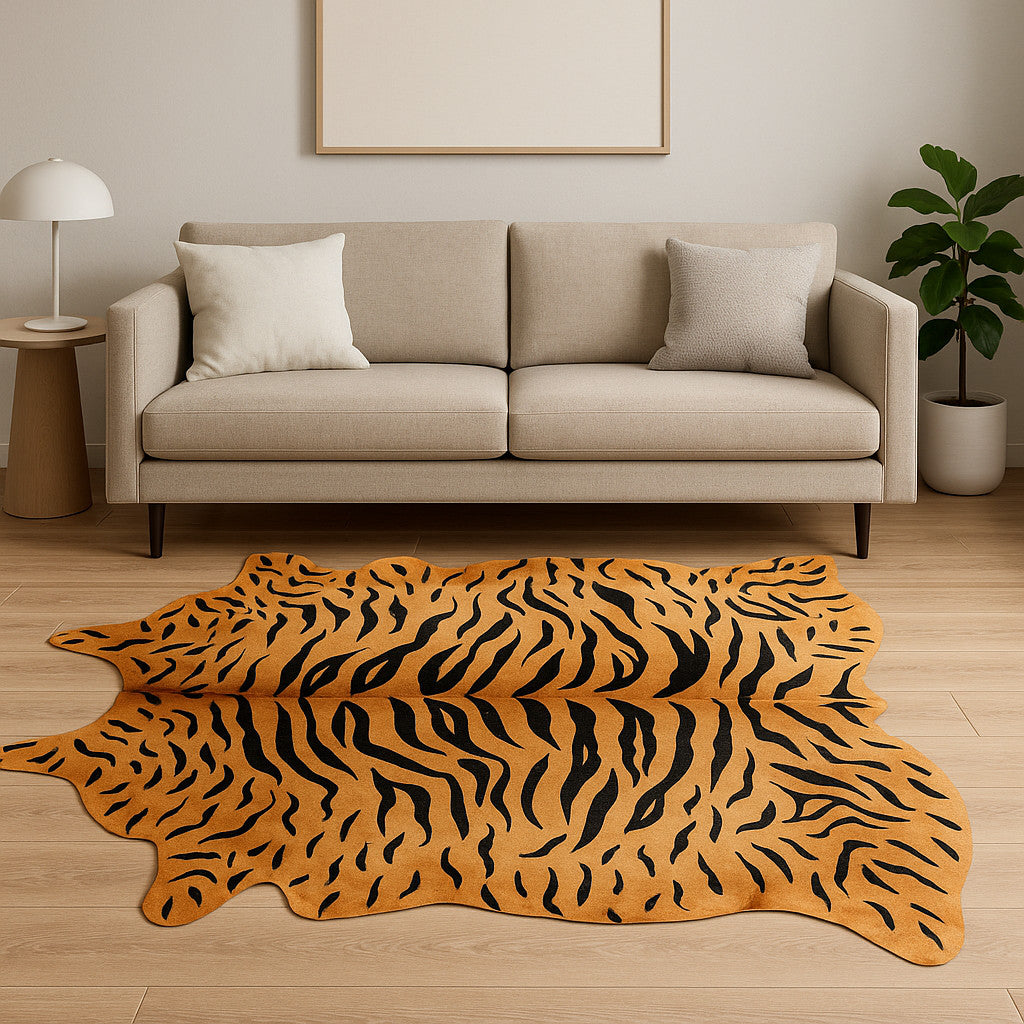 6' X 7' Brown And Black Cowhide Tiger Print Area Rug-Area Rugs-DECOROLALA
