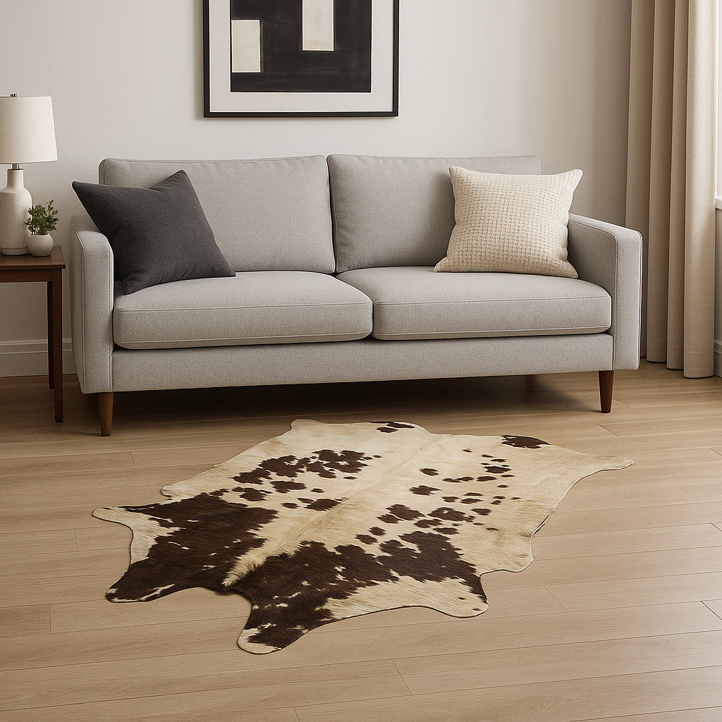 6' X 7' Brown And White Cowhide Cowhide Print Area Rug-Area Rugs-DECOROLALA